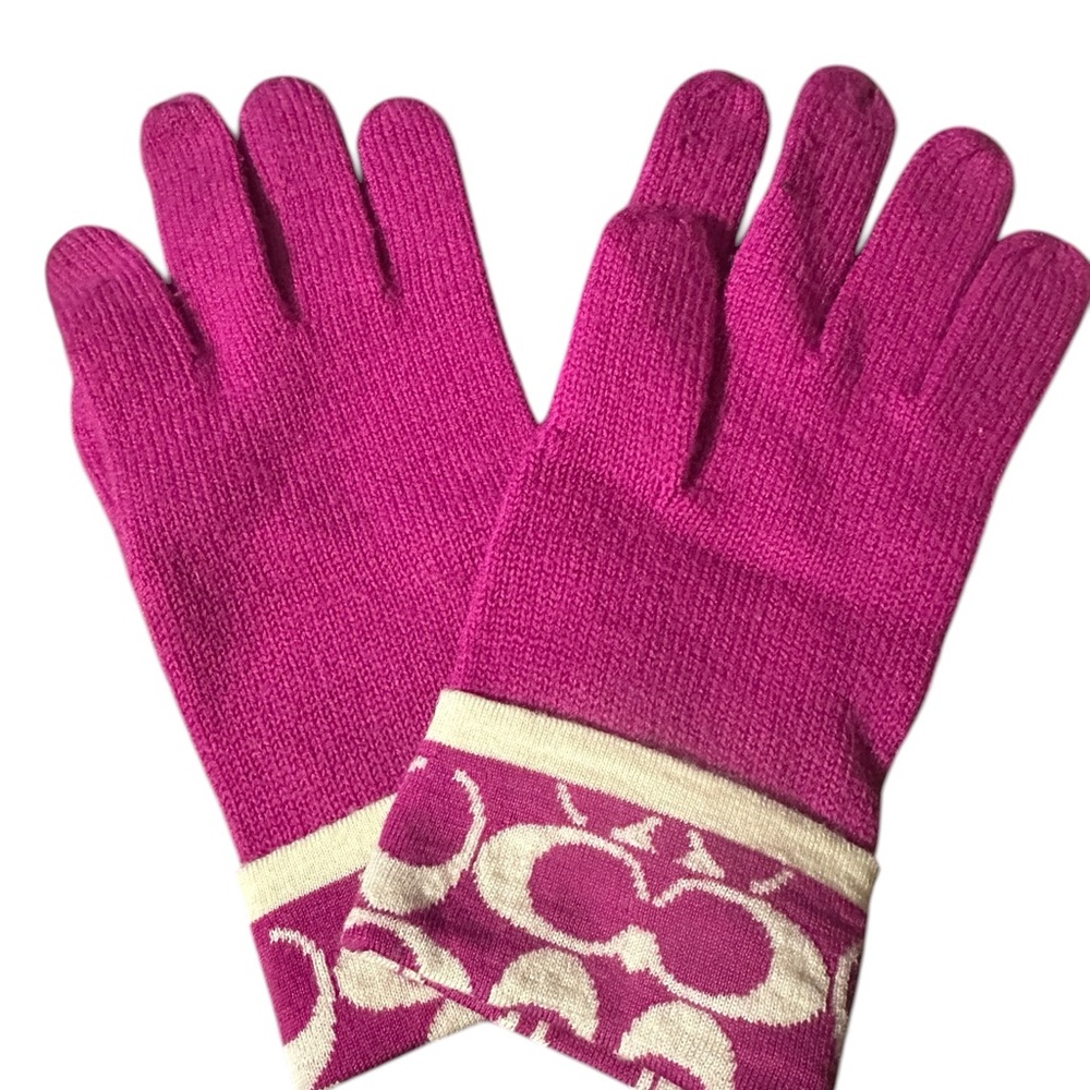 COACH Ladies Logo Touch Wool Gloves Raspberry Pink One Size - Picture 4 of 6